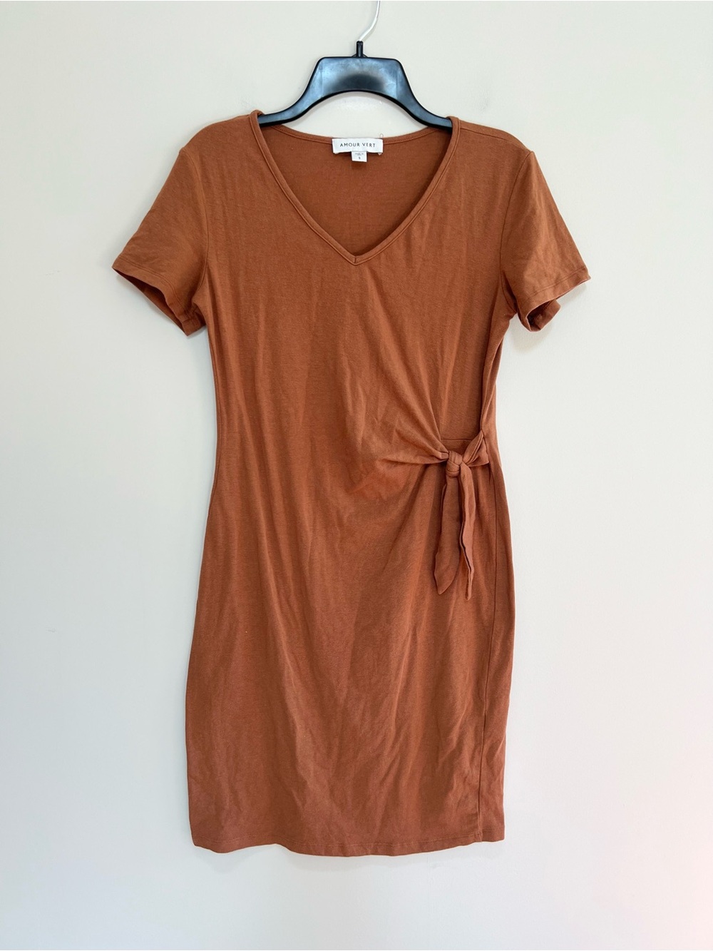 Amour Vert Side-Tie Pullover Short Sleeve V-Neck Mini Dress Rust Brown, Small